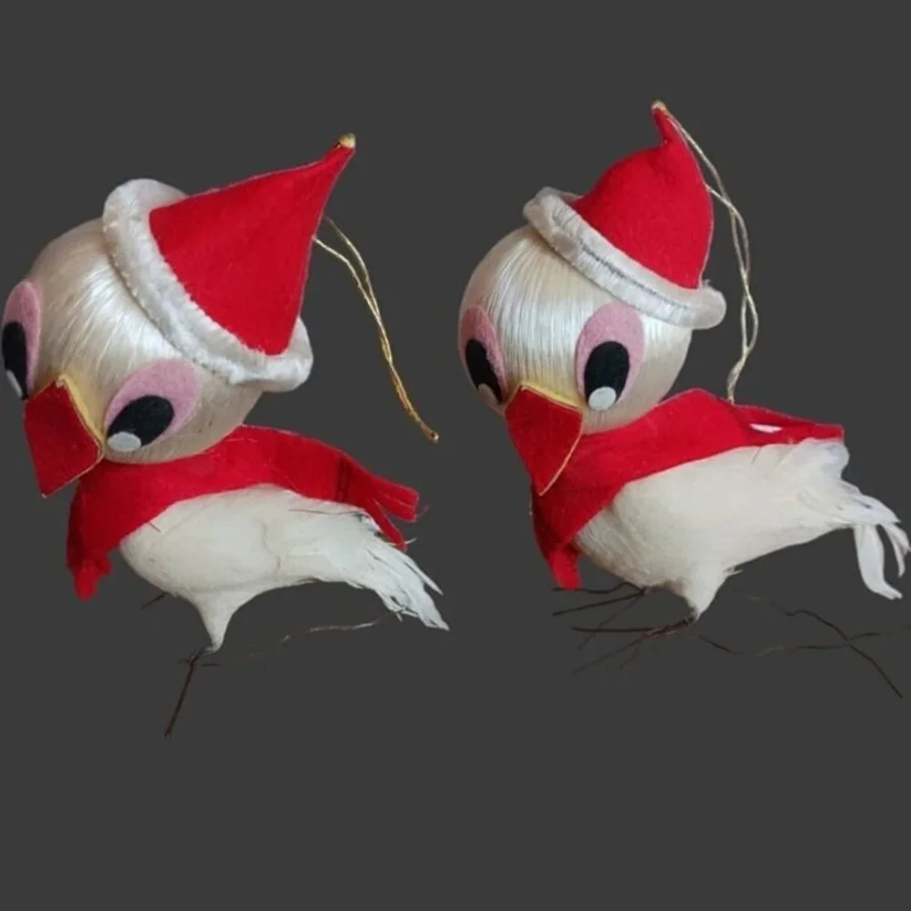 Vintage white cardinals christmas ornaments set of 2